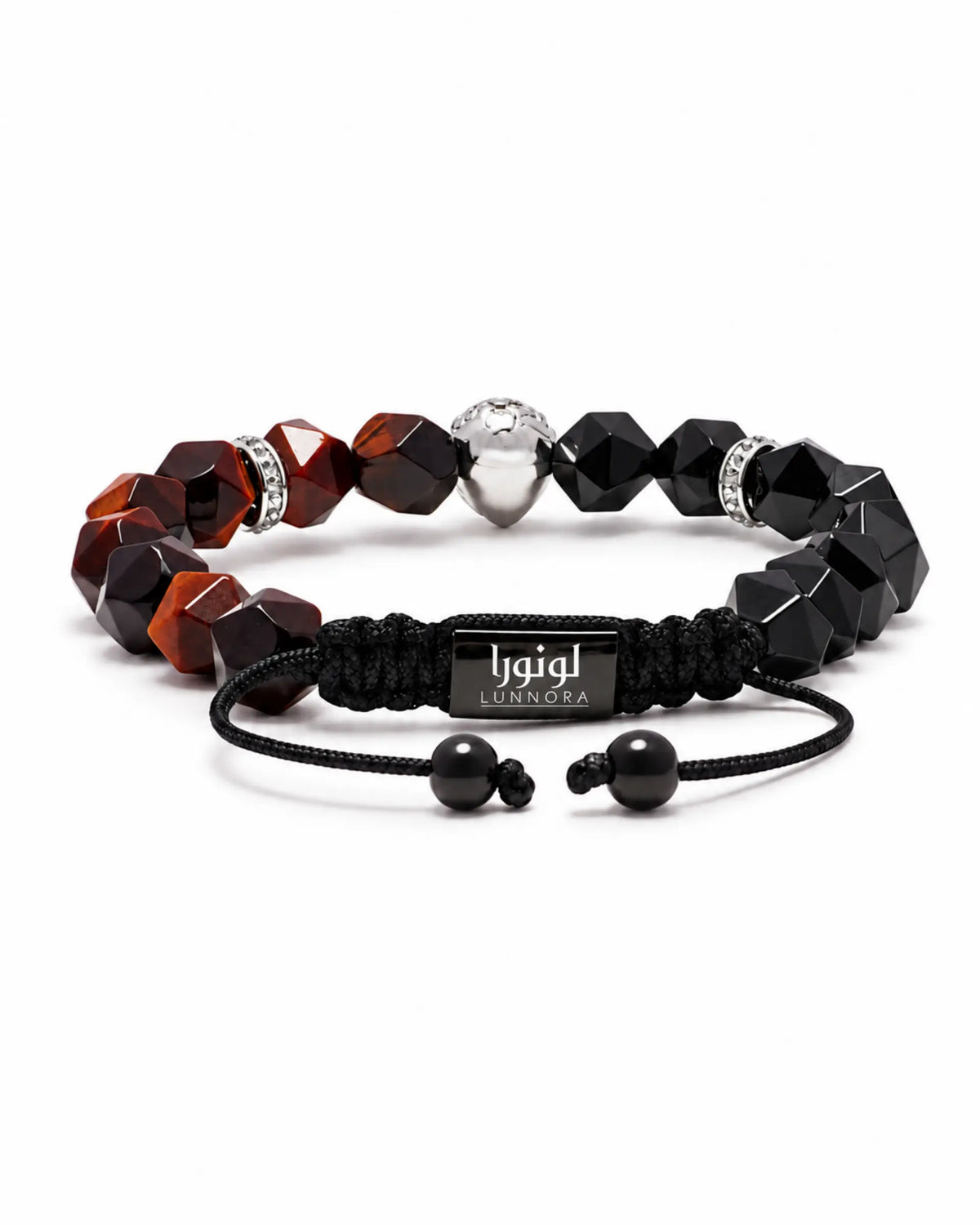 Lion head charm bracelet with red-brown tiger eye, black onyx beads, and black cord
