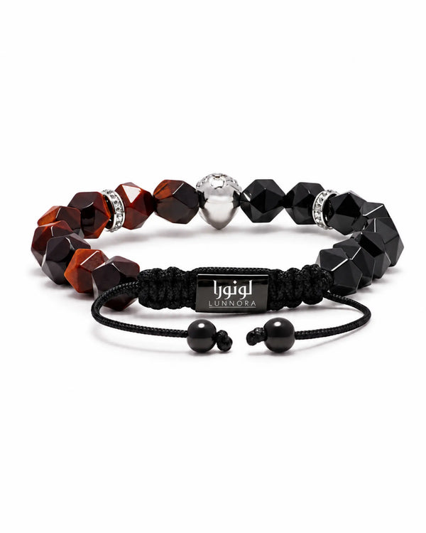 Lion head charm bracelet with red-brown tiger eye, black onyx beads, and black cord