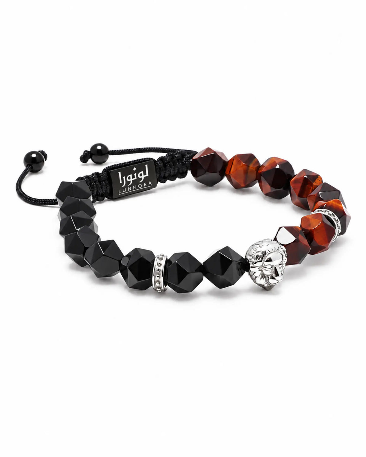Black beaded bracelet with tiger-eye accents and silver lion head charm on cord clasp