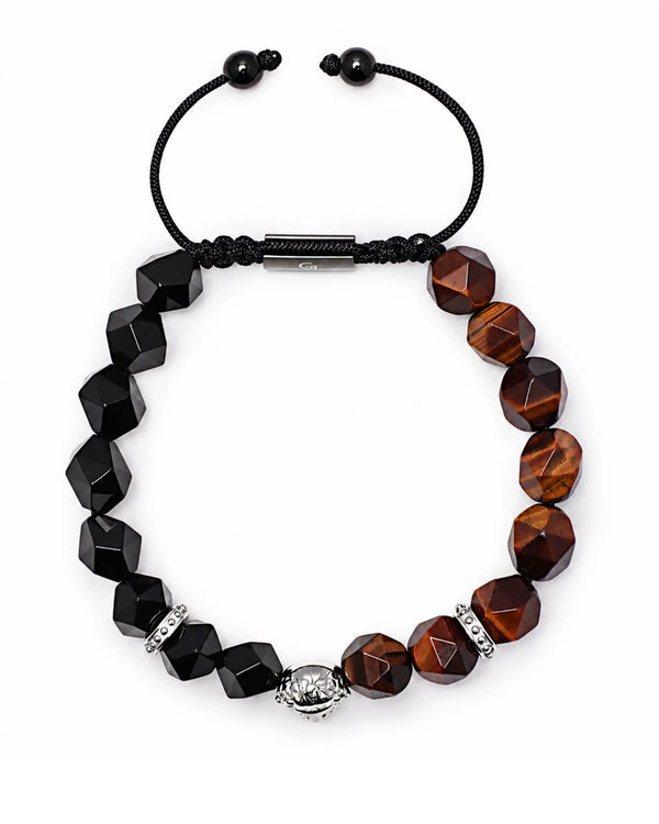 Beaded bracelet with black cord, faceted brown tiger-eye beads, and silver lion centerpiece