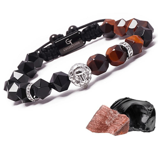 Men’s Black Onyx and Tiger Eye Beaded Bracelet with Silver Lion Head Charm – Lunnora Jewelry