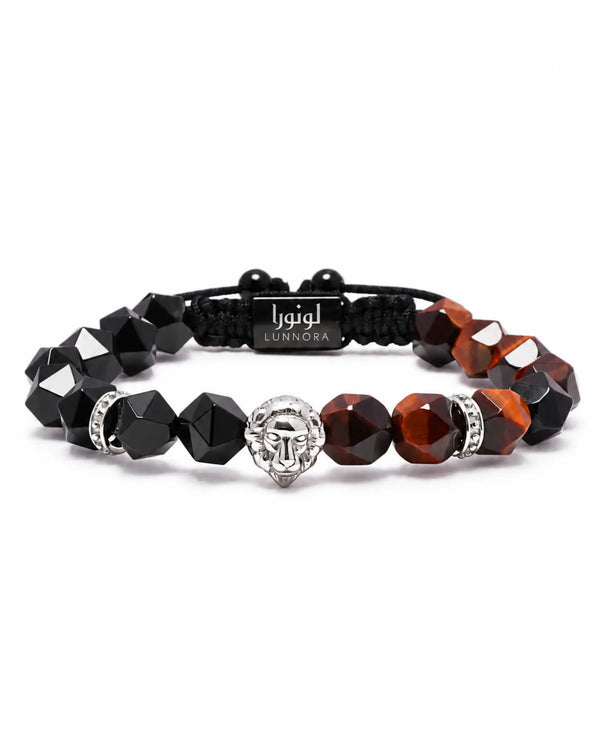 Two men’s bracelets stacked: black geometric beads and tiger-eye beads with lion and round charms