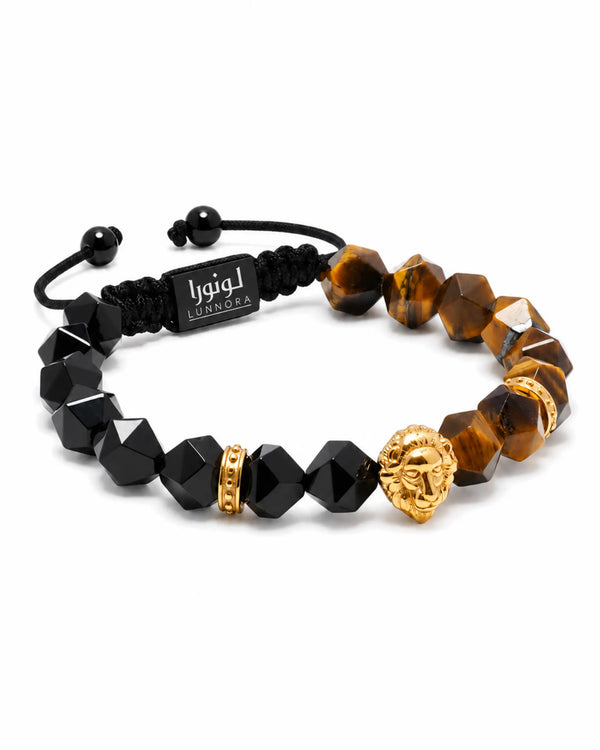 Beaded bracelet with tiger-eye and black beads, gold lion head charm, metal clasp