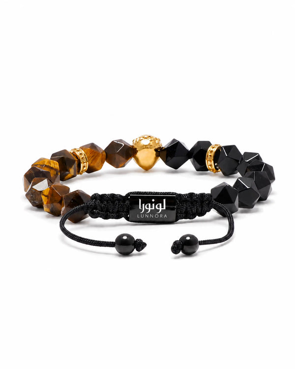 Tiger eye & black onyx lion bracelet with adjustable black cord companion