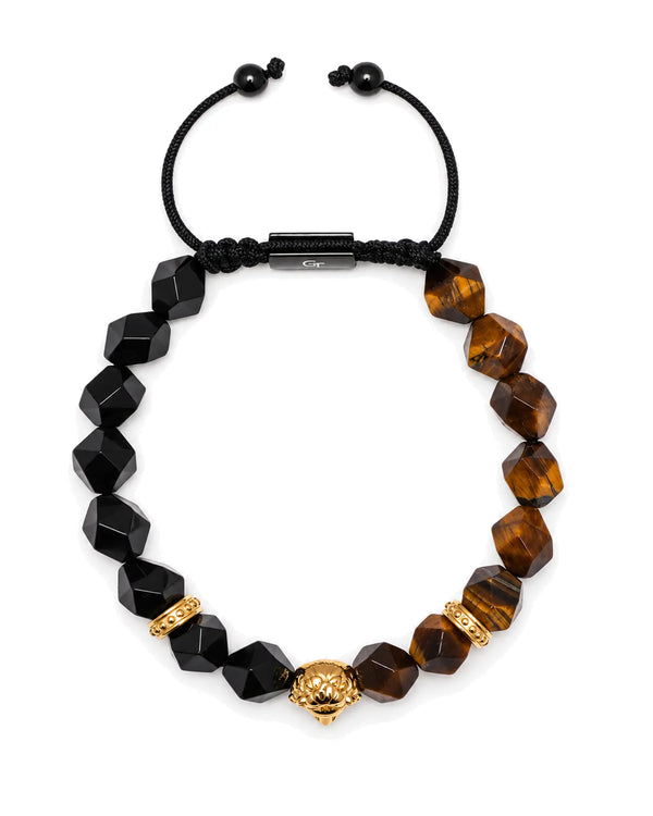2-piece men's bracelet set with black beads, tiger-eye beads, gold lion head charm