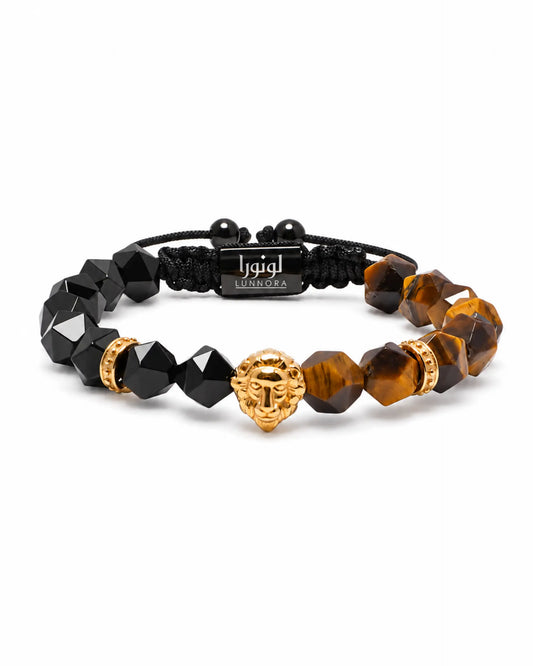 2-piece bracelet set with black beads and tiger-eye beads, gold lion centerpiece and cuffs