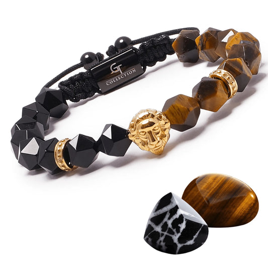 Men’s Black Onyx and Tiger Eye Beaded Bracelet with Silver Lion Head Charm – Lunnora Jewelry