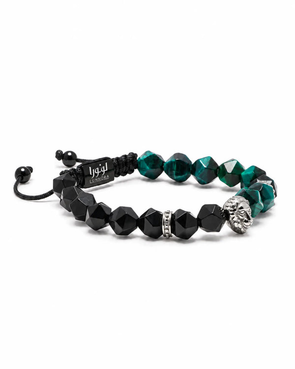 Lion head beaded bracelet with green tiger-eye and black onyx beads on black cord