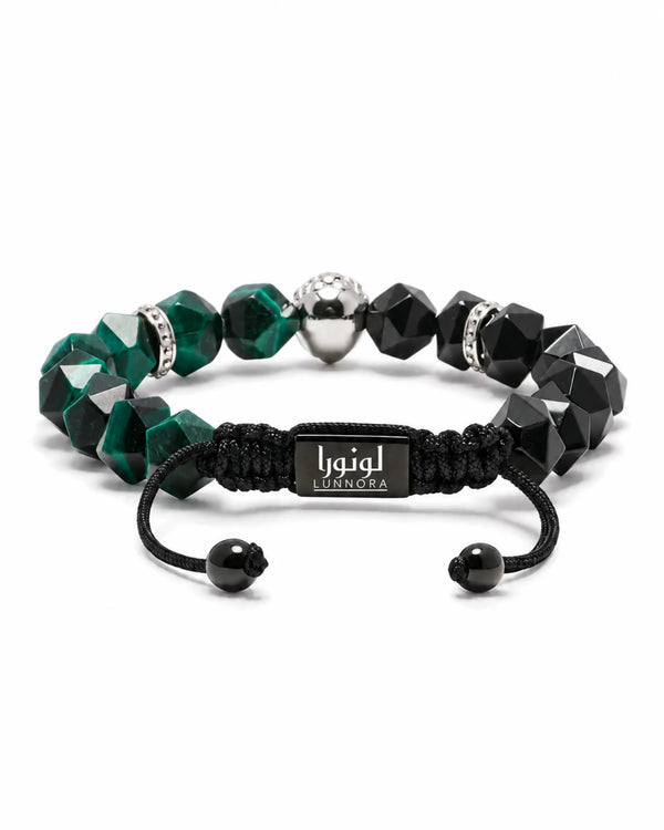 Adjustable lion bead bracelet with green tiger-eye and black onyx beads and silver lion charm