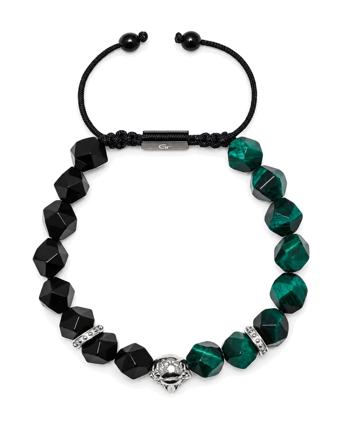 Lion head bead bracelet with black onyx and green tiger-eye beads, black macrame cord