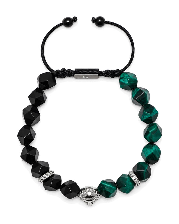 Lion head bead bracelet with black onyx and green tiger-eye beads, black macrame cord