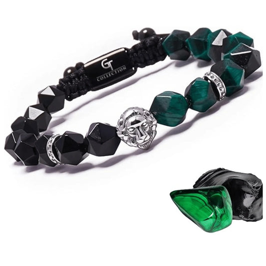Men’s Green Malachite and Black Onyx Beaded Bracelet with Silver Lion Head – Lunnora Jewelry