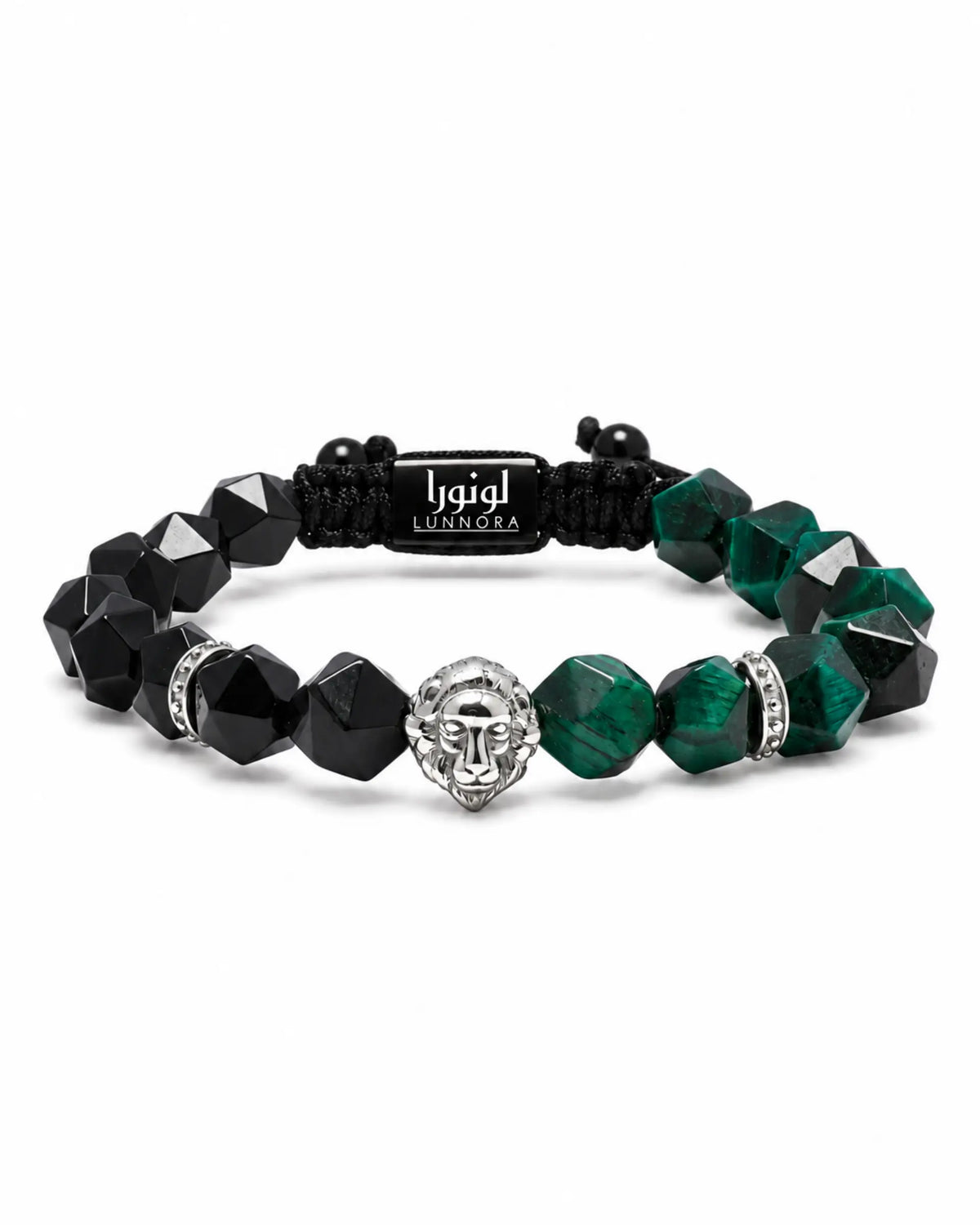 Lion charm bracelet with black onyx and green tiger-eye beads, black macrame band الصورة الرئيسية