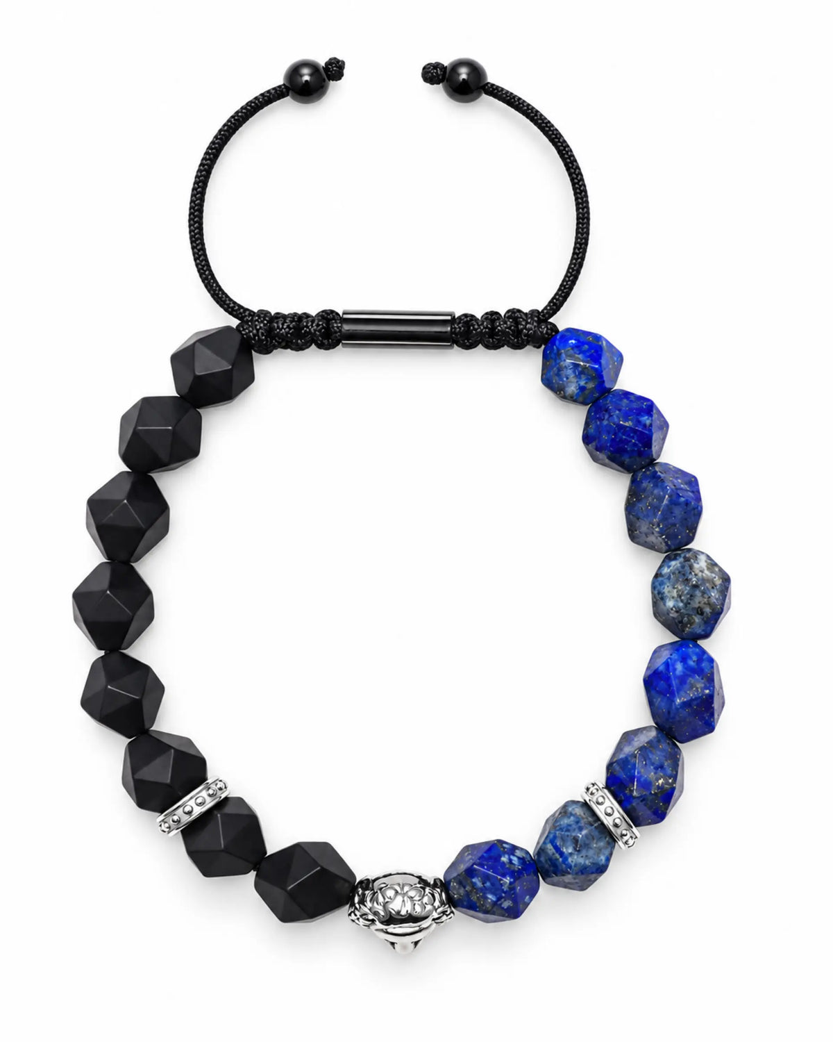 Beaded bracelet with black onyx cubes, blue lapis lazuli stones, and silver centerpiece