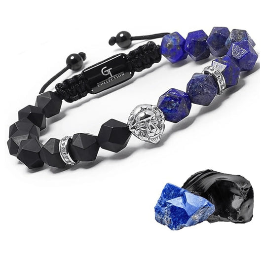 Men’s Blue Lapis Lazuli and Black Beaded Bracelet with Lion Head – Lunnora Jewelry