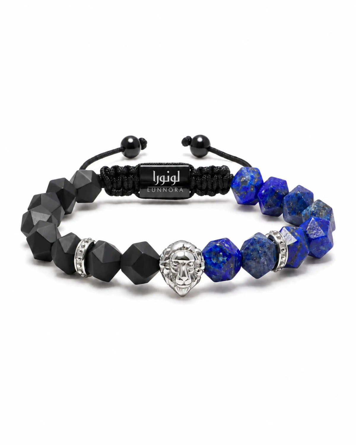 Beaded bracelet with blue lapis lazuli stones, black onyx faceted beads, and silver lion head