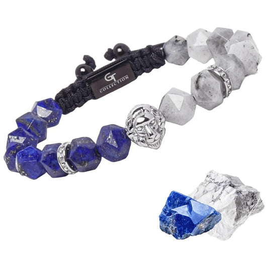 Men’s Blue Lapis Lazuli and Black Beaded Bracelet with Lion Head – Lunnora Jewelry