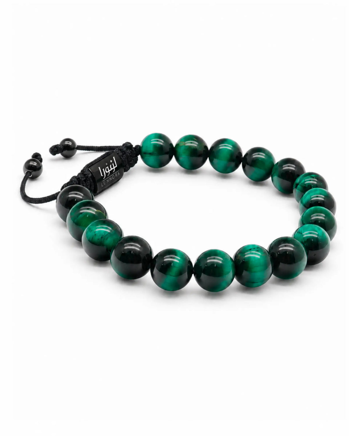 Green tiger eye beaded bracelet with black beads and black cord ends