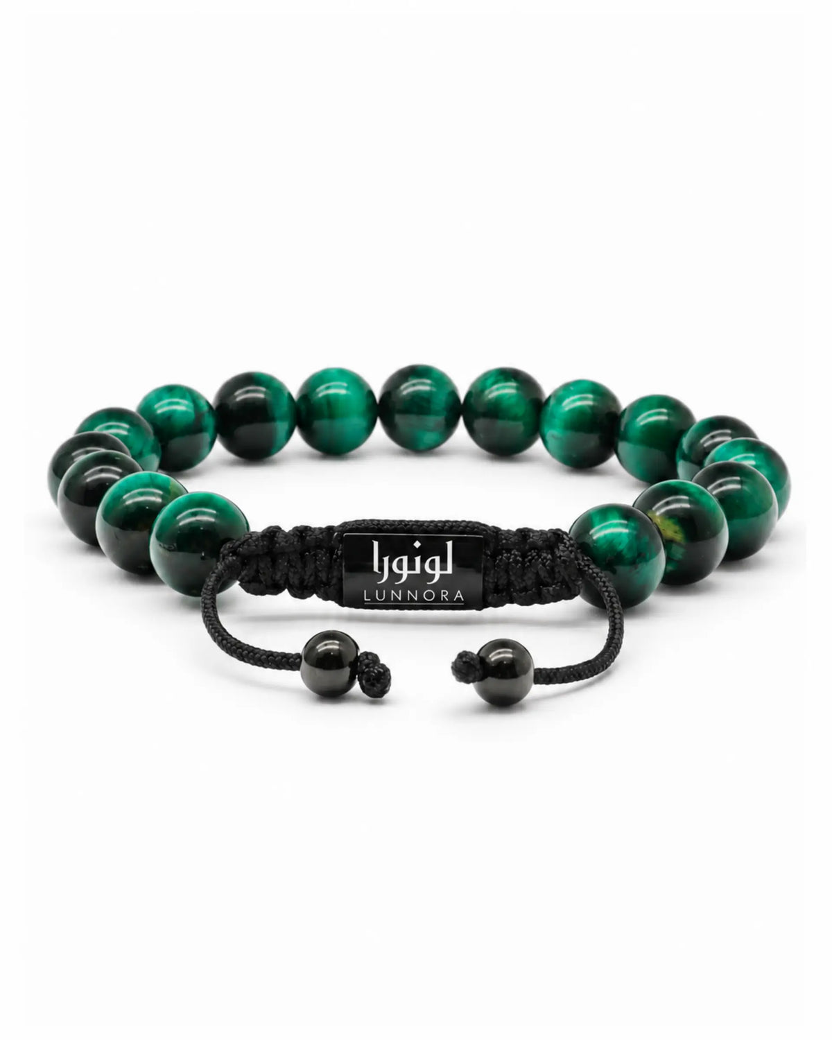 Green tiger eye single-row bracelet with black macrame cord and LUNNORA tag