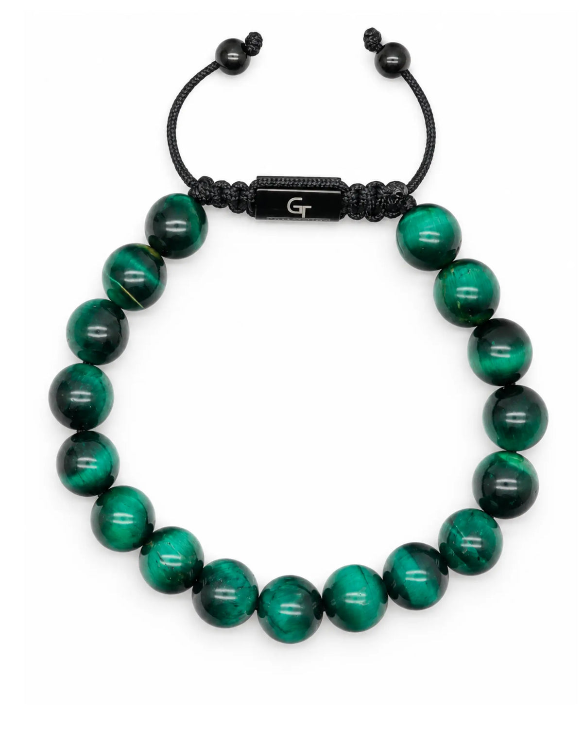 Green tiger eye beaded bracelet with black cord and silver-toned center clasp