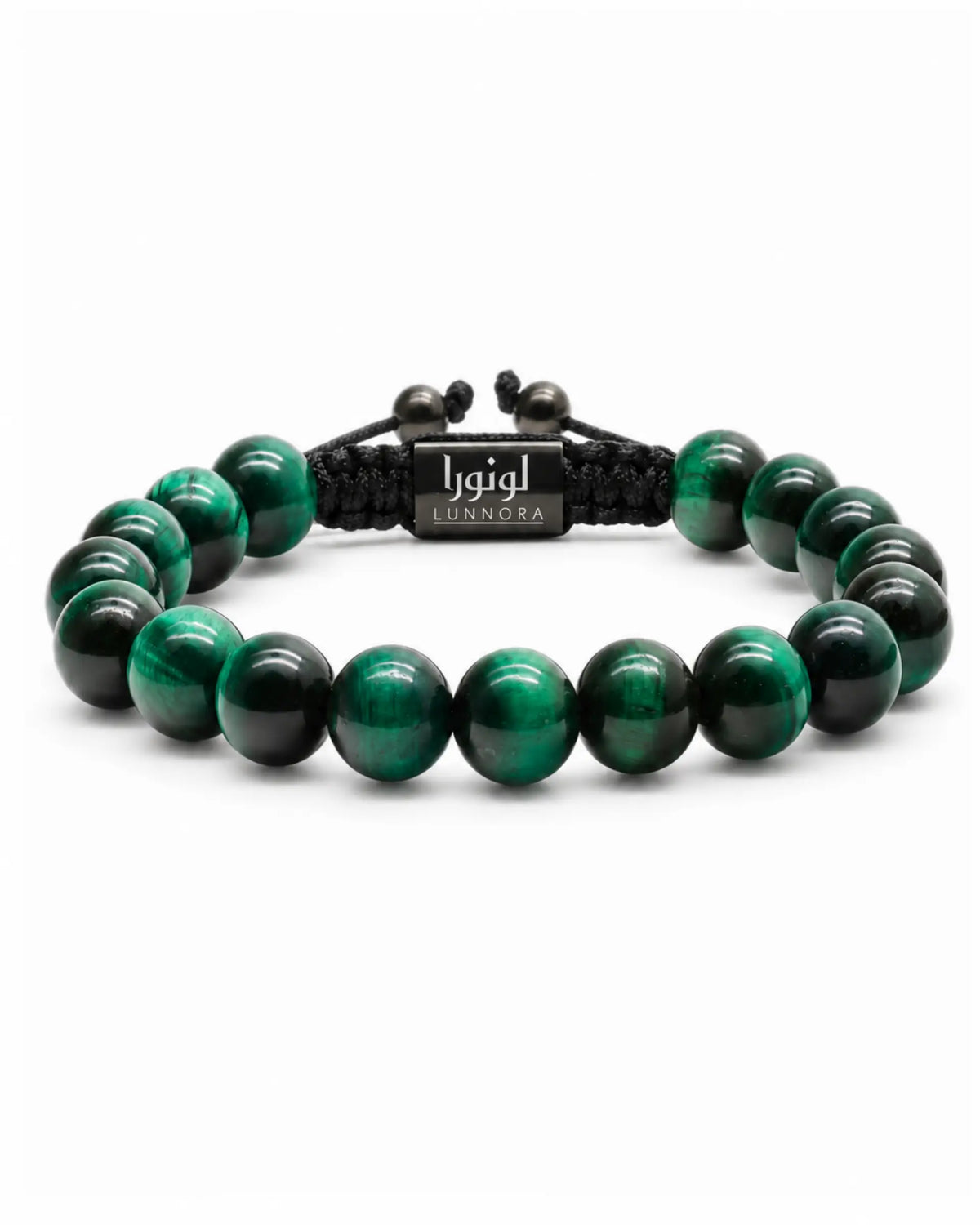 Green tiger eye bead bracelet with black cord and UNNORA logo plate