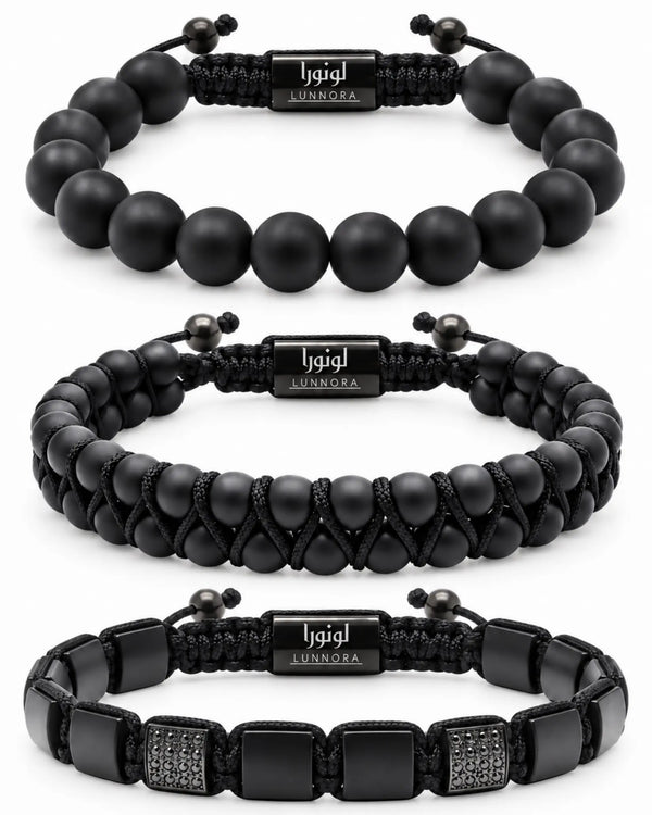 Black onyx-style bracelet set of three: bead, braided, and link styles