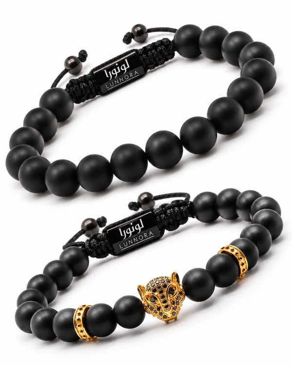 Men's black bead bracelet set with braided bands and gold leopard head details