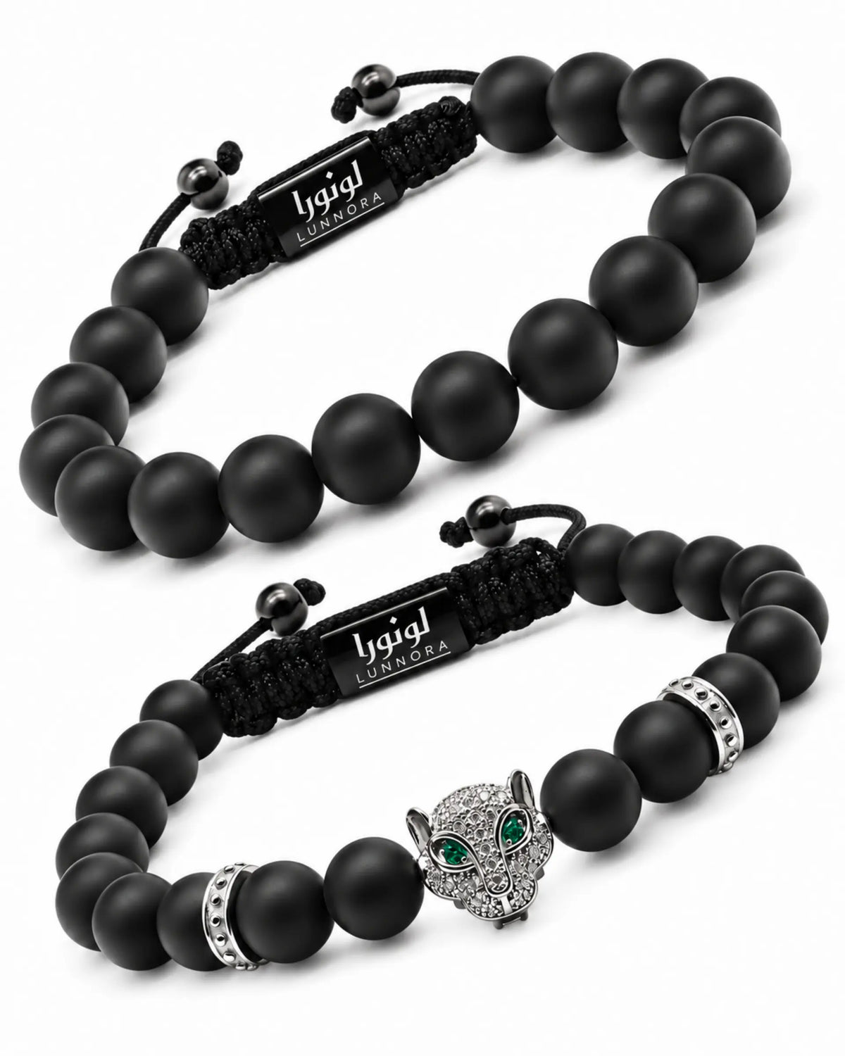 Stacked black beaded bracelet set with engraved fabric tag and silver cat charm