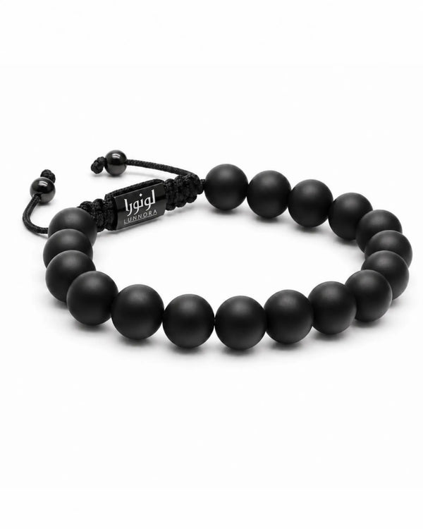Black onyx bracelet set with one beaded stretch bracelet and one braided cord bracelet