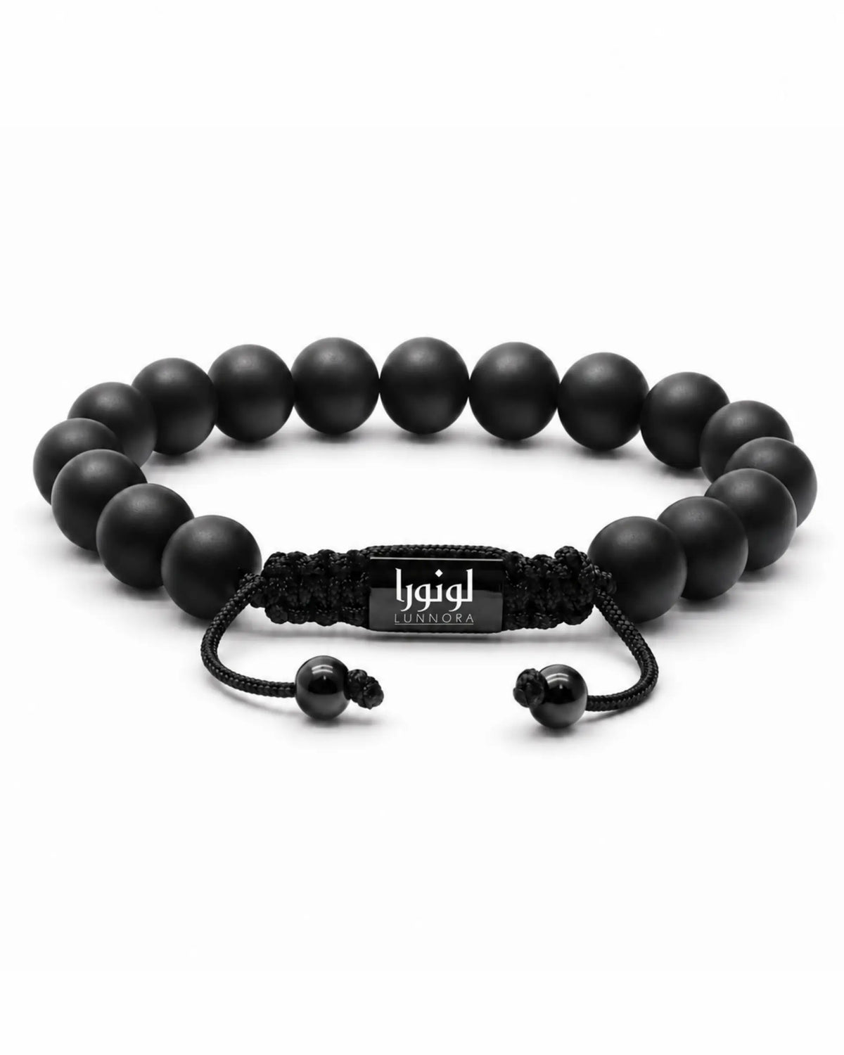 Black onyx single-row bead bracelet with cord tag and knots