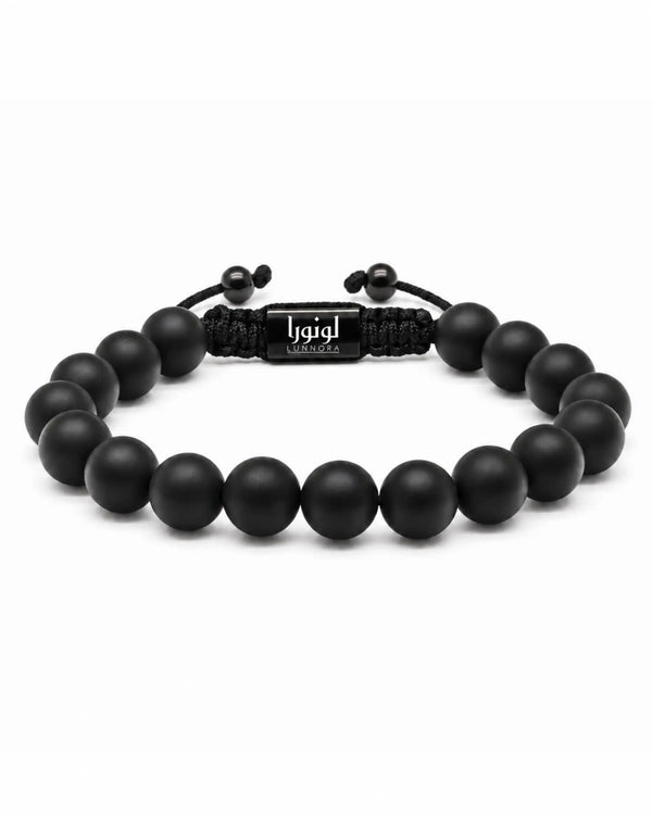 Black onyx bracelet set with matte bead strand and braided cord closure