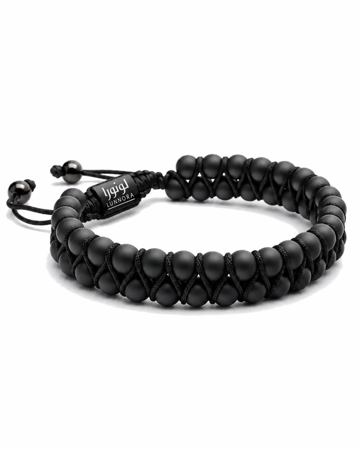 Black braided bracelet with stacked bead links and central woven logo tag