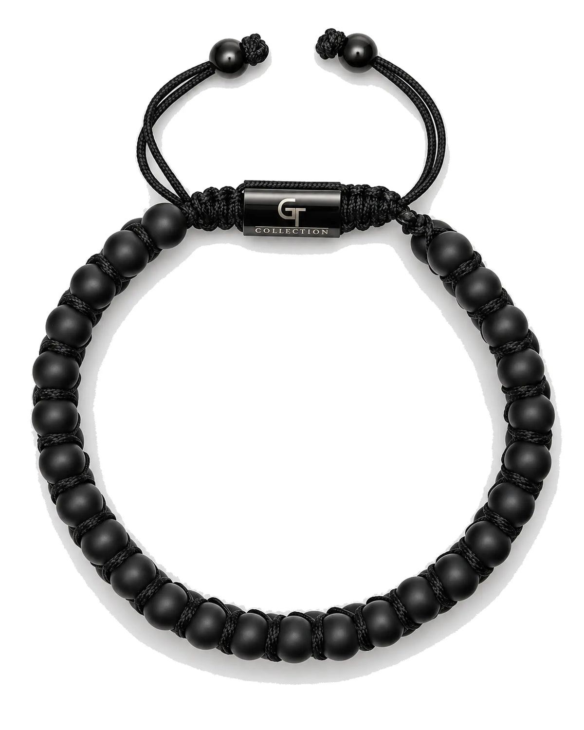 Black beaded cord bracelet with ball-styled bead segments and central logo bar
