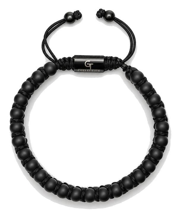 Black beaded cord bracelet with ball-styled bead segments and central logo bar