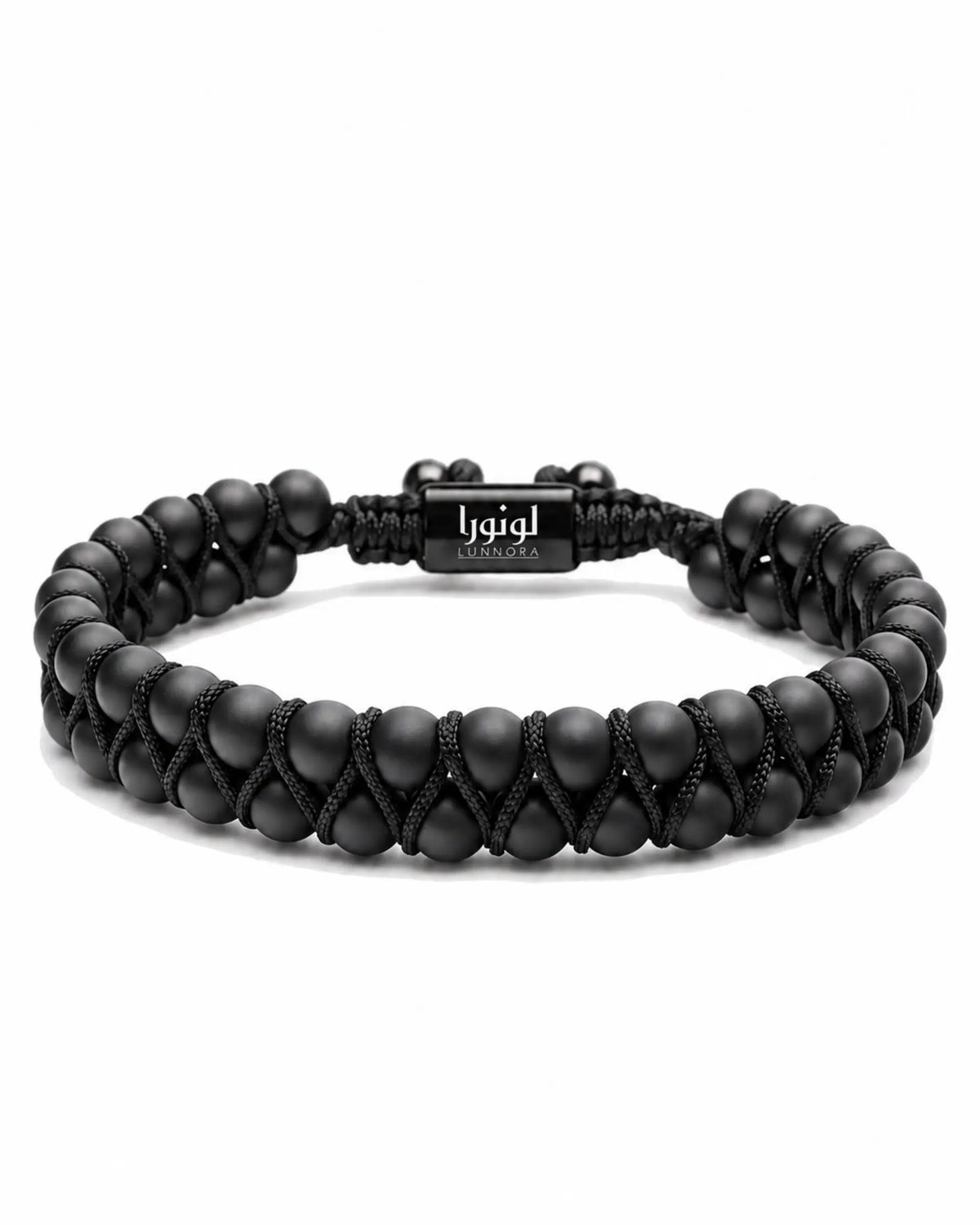 Black braided bead bracelet with central logo plate and domed bead segments