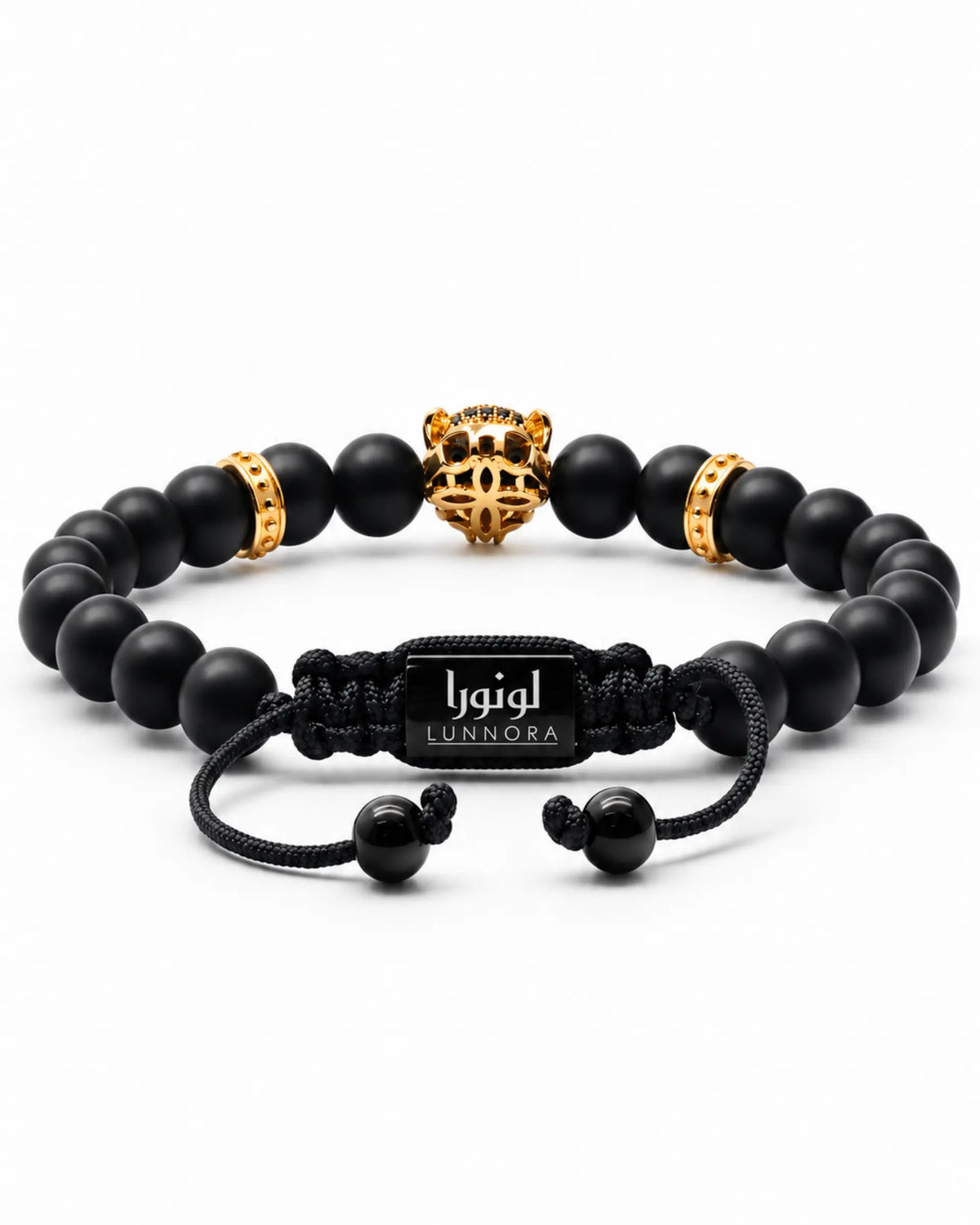 Black onyx bead bracelet with gold centerpiece and LUNNORA cord clasp