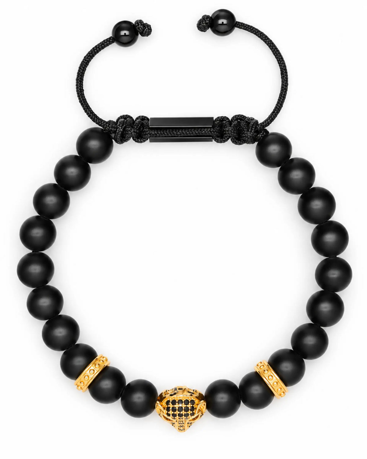 Black beaded bracelet with knotted cord and gold leopard center charm
