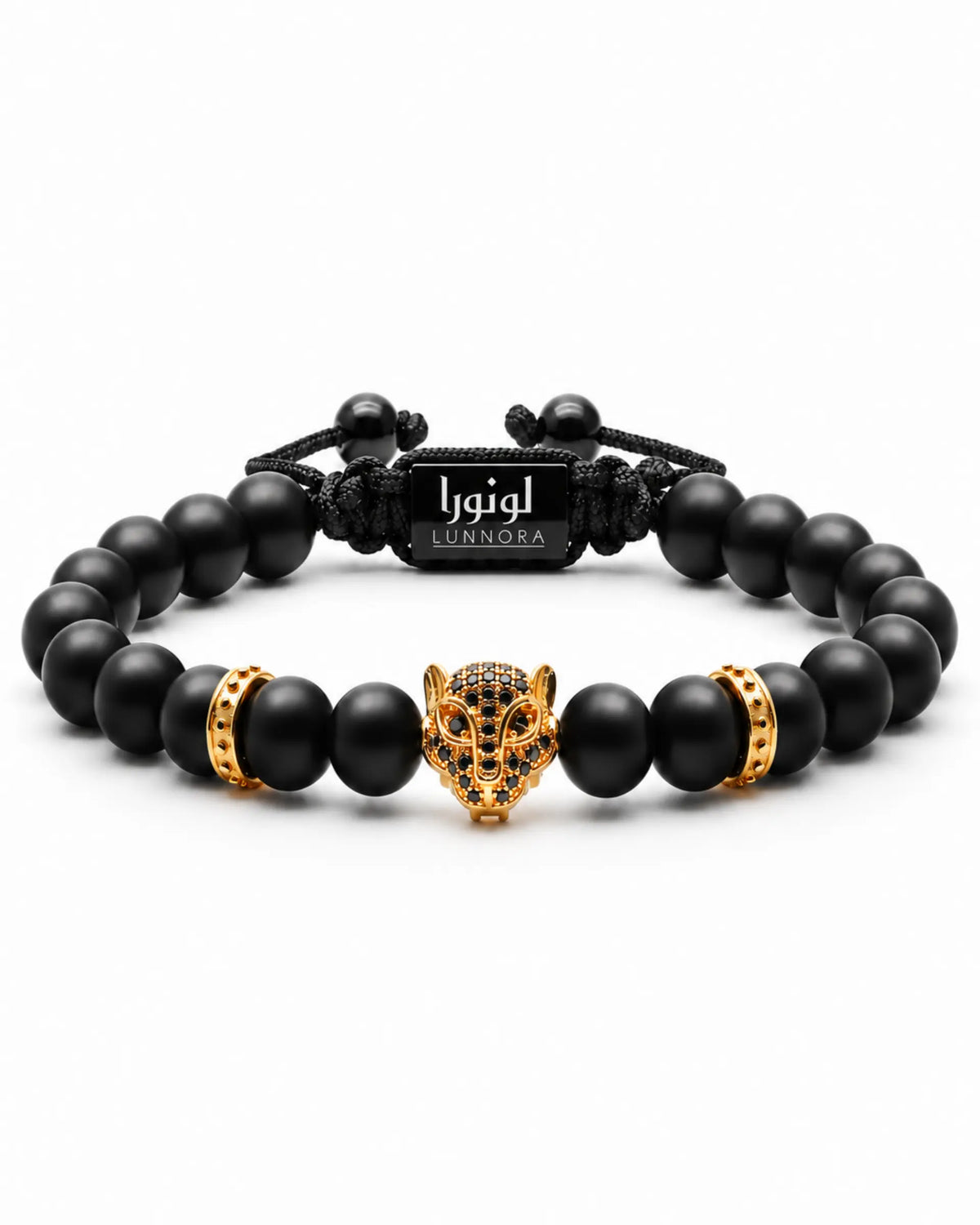 Black beaded bracelet set with gold leopard head centerpiece and gold barrel accents الصورة الرئيسية
