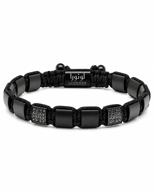 Black onyx look bracelet with engraved logo plate and textured rectangular bead panels