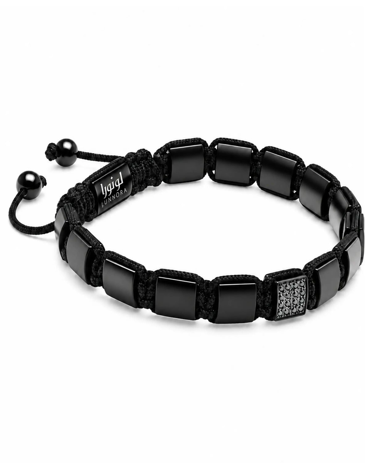 Black onyx look bracelet with wide rectangular beads and small round clasp pull