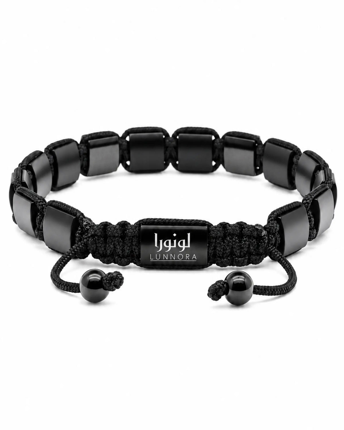 Black onyx flat bead bracelet with adjustable cord and central LUNNORA slide clasp