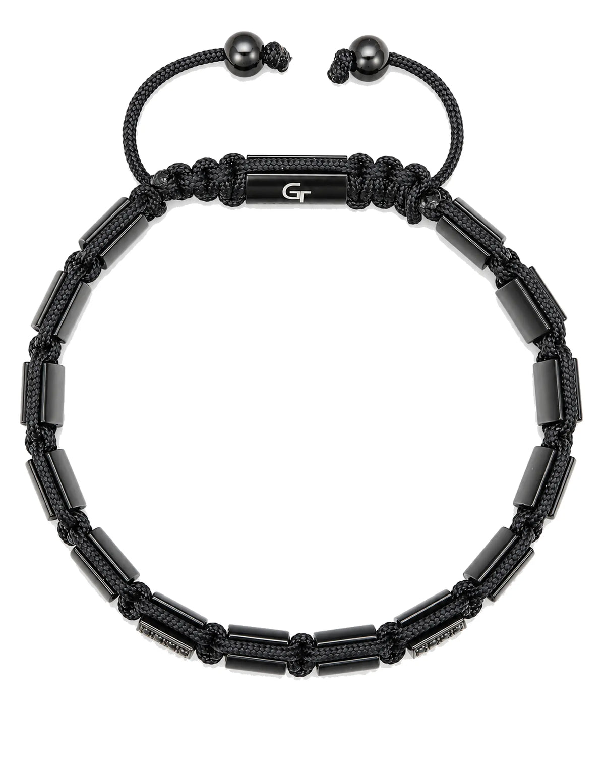 Black braided cord bracelet with faceted rectangular beads and round bead accents