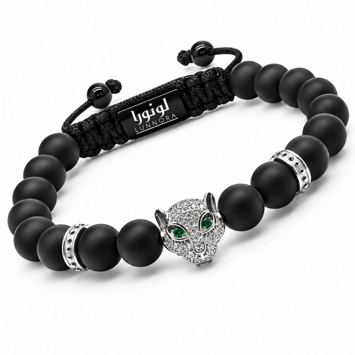 Black beaded bracelet with braided cord and silver lion head clasp with green eyes