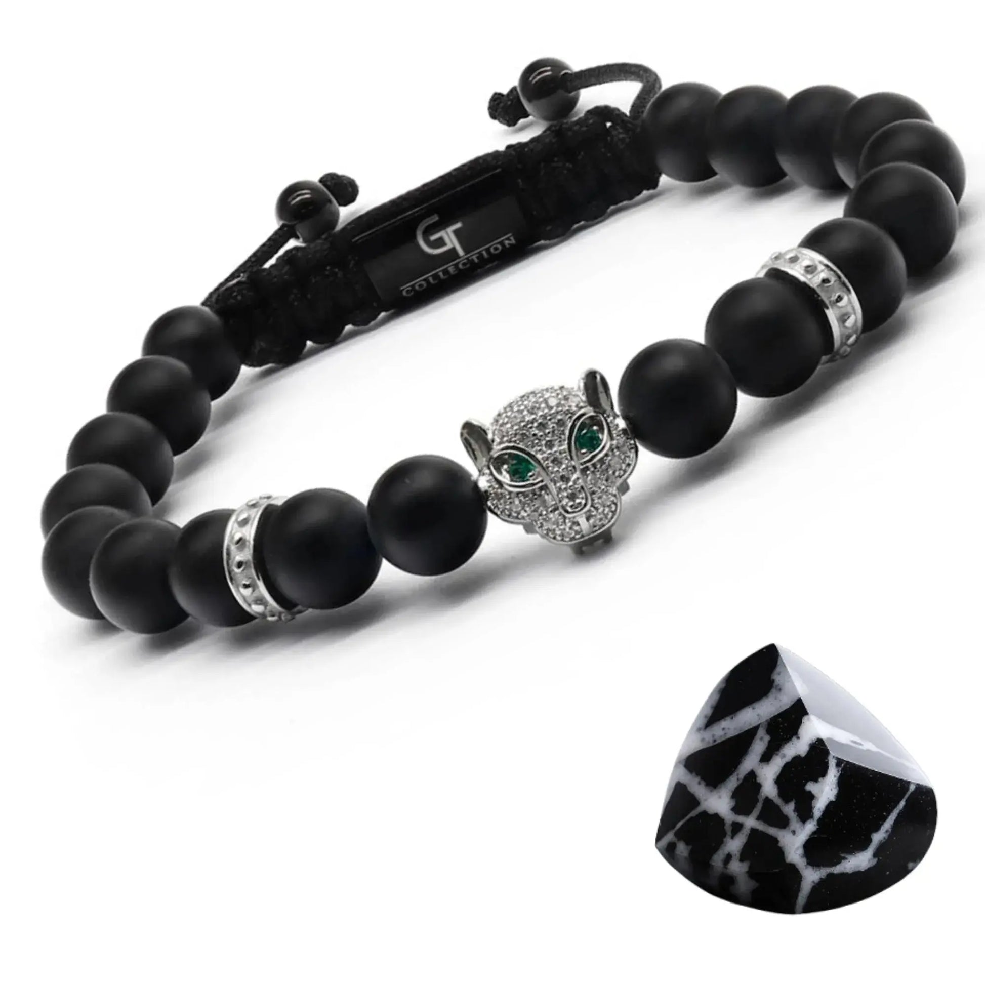 Men's black onyx bracelet featuring a silver Arabian leopard head with green eyes and an adjustable braided cord.