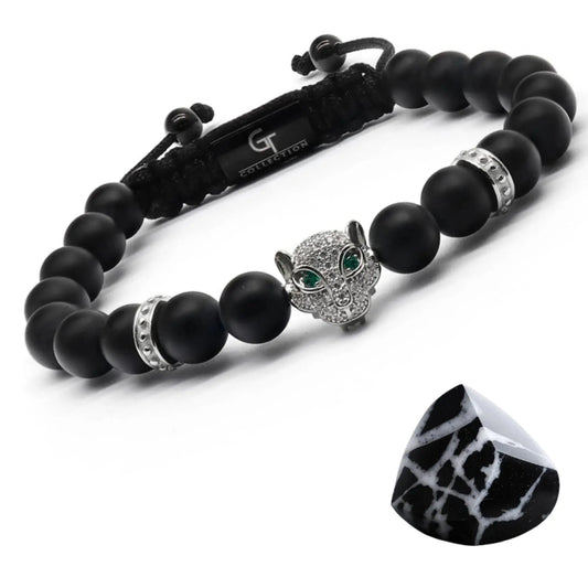 Men's black onyx bracelet featuring a silver Arabian leopard head with green eyes and an adjustable braided cord.