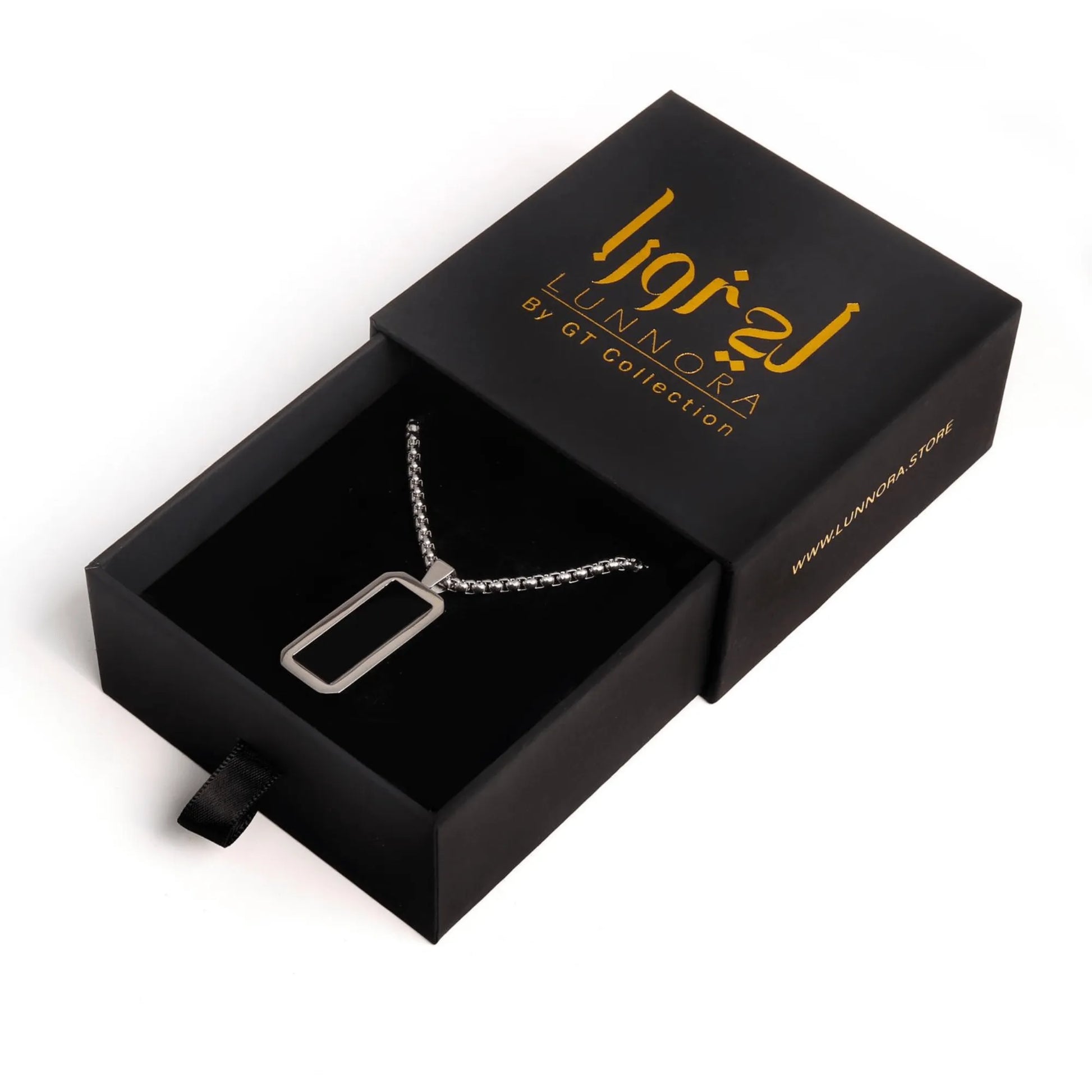 Men’s silver necklace with minimalist rectangular onyx-style pendant in Lunora by GT Collection gift box
