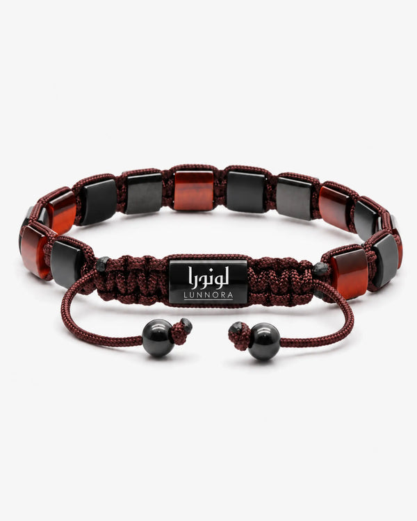 Bead bracelet with dark red tiger eye and black onyx stones, LUNNORA center tag.