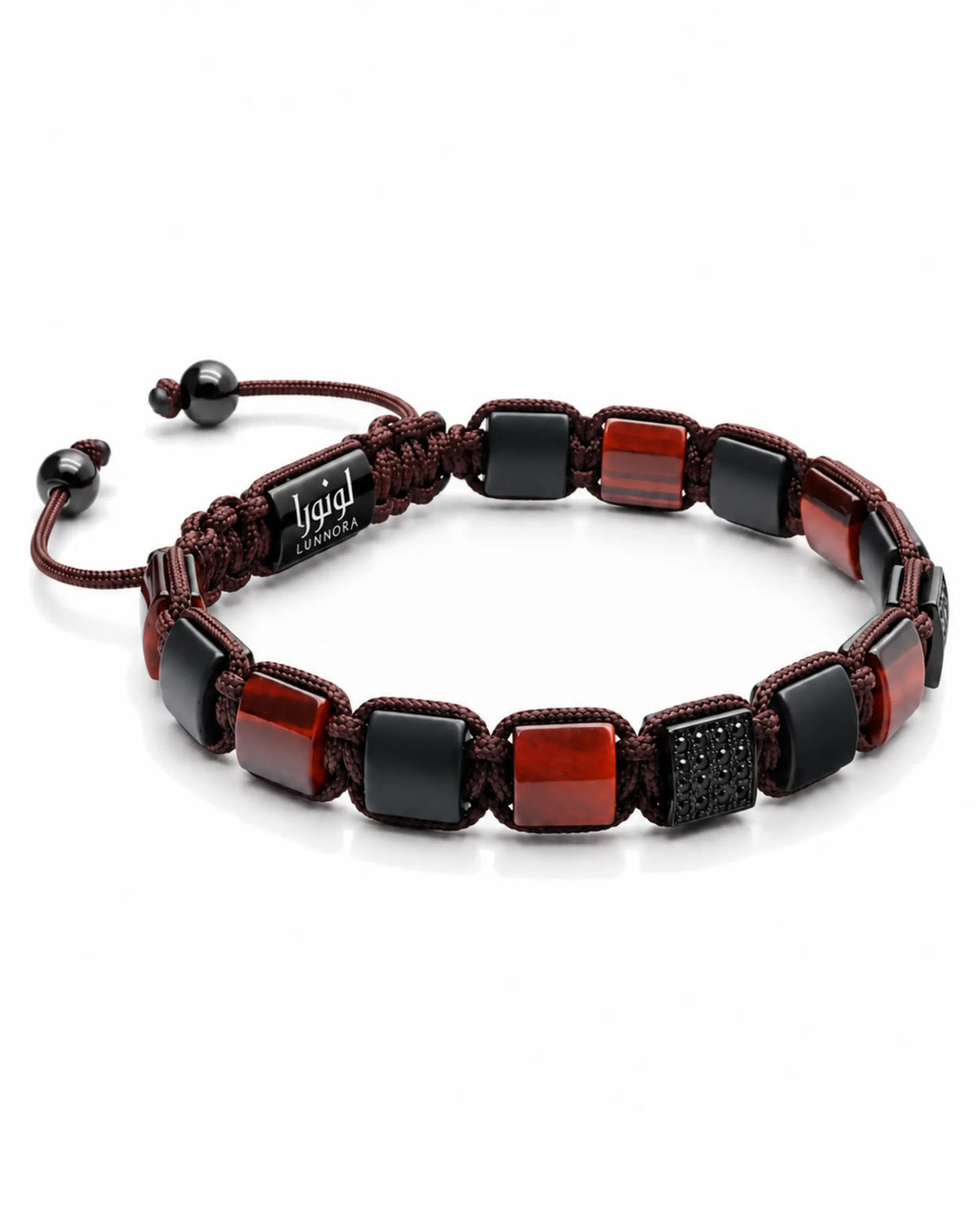 Beaded bracelet with maroon cord, black square beads, and orange-red accents