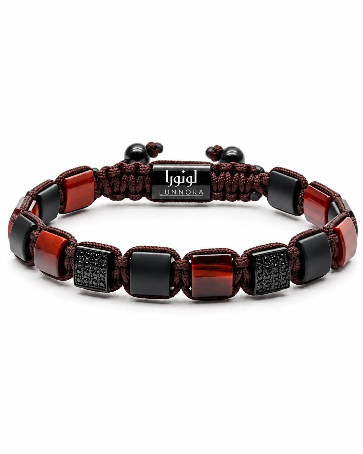 Bracelet with maroon cord, black and orange beads, and LUNNORA rectangular centerpiece الصورة الرئيسية