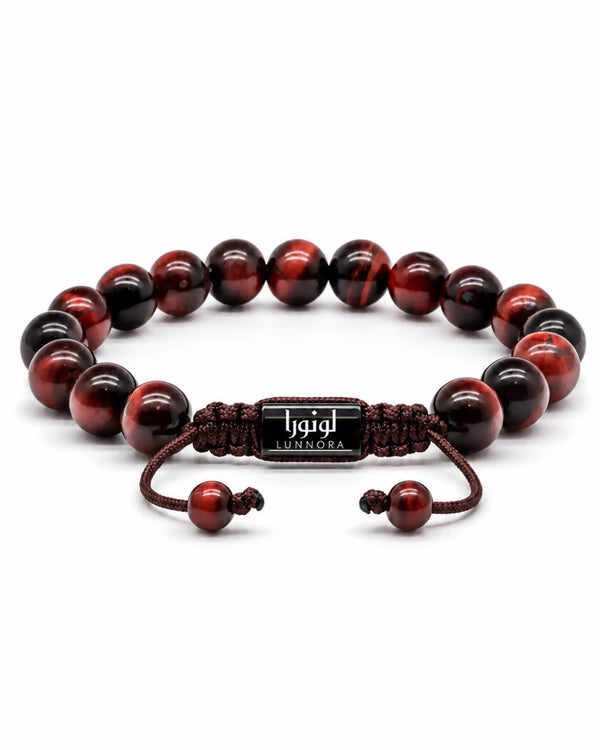 Tiger eye bead bracelet with braided cord and metal nameplate clasp